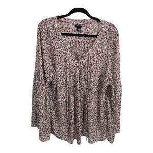 Torrid Pink And Black Floral Blouse With Lace-up V-Neck And Bell Sleeves.